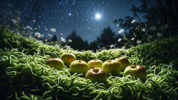 Apples in Greenery Under the Night Sky with Stars photo