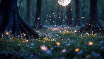 Magical Forest Scene with Fireflies Glowing Under Full Moon photo