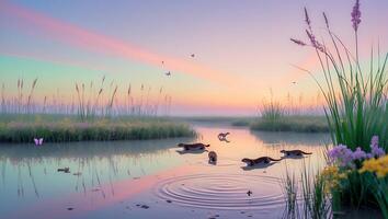 Otter Family Swim at Sunset in a Peaceful Wetland Scene photo