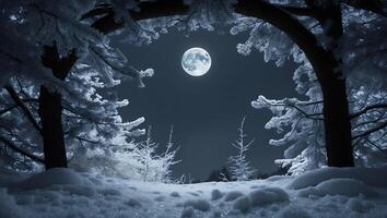 Full Moon Shining Above Snowy Forest Landscape at Night in Winter photo