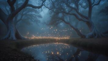 Foggy Forest Scene with Glowing Lights Reflecting in Pond Water photo
