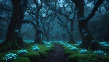 Walking Path Through Mystical Forest with Glowing Moss and Trees photo