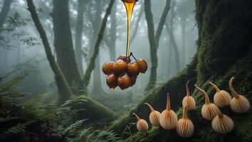 Pouring Honey Over Dates in Forest with Mushrooms and Moss photo
