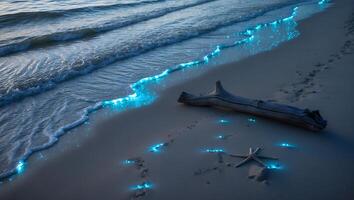 Glowing Waves on Sandy Beach at Night with Starfish and Driftwood photo
