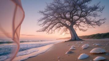 Tranquil Beach Scene with Tree, Seashells, and Soft Sunset Light photo