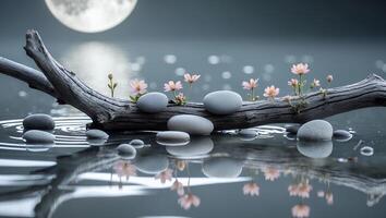 Stones and Blossoms Resting on a Log in Calm Water photo