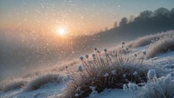 Winter Grass in Field with Frost and Warm Sunrise Glow photo