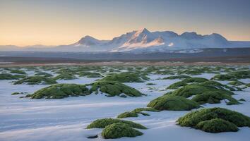 Snowy Arctic Landscape with Moss Patches and Distant Mountain Range photo