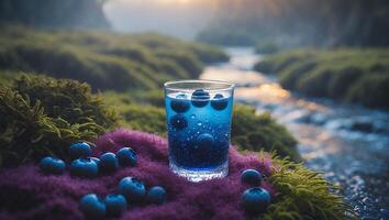 Blueberry Drink with Water Droplets Near Flowing Stream in Nature photo