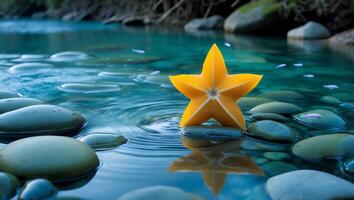 Star Fruit Resting in Calm Water with Rocks and Reflections photo