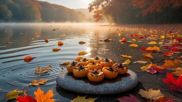 Persimmon Fruit Stack by Water with Colorful Autumn Leaves Around photo