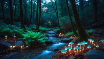 Glowing Mushrooms by Forest Stream Creates a Whimsical and Enchanting Scene photo