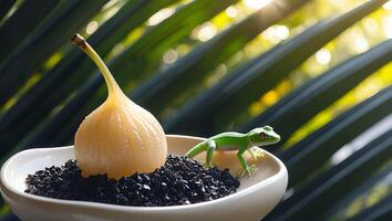 Fig and Lizard on Plate with Palm Leaf Background photo