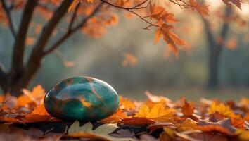 Green Stone Resting Among Autumn Leaves in a Forest Setting photo