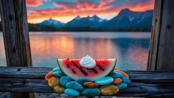 Grilled Watermelon with Cream on Wood Overlooking Lake at Sunset photo