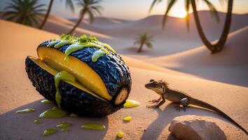 Halved Eggplant with Lizard in Desert Landscape at Sunset photo