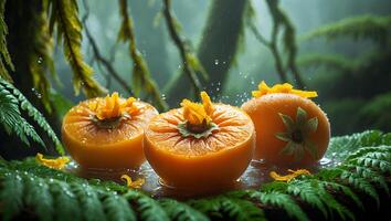 Persimmon Halves in Forest with Ferns and Raindrops Creates Serene Scene photo