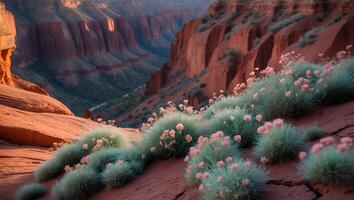 Pink Flowers Growing on Canyon Edge with Majestic Mountain Views photo