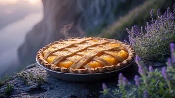 Serving Fresh Peach Pie Outdoors with Mountain and Lavender Flowers photo