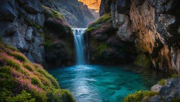Waterfall Flowing Into Clear Pool Surrounded by Vibrant Wildflowers Rocks photo