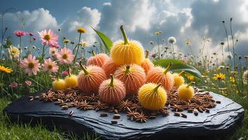 Arrangement of Unique Fruits on Stone Slab with Star Anise photo
