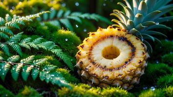 Grilled Pineapple Slice with Moss and Ferns in Natural Setting photo