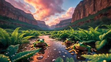Frogs Relaxing by Stream in Lush Canyon Landscape at Sunset photo