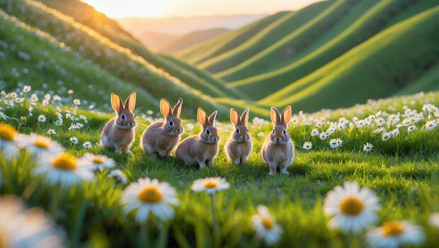Rabbits Sitting in Field of Daisies with Hills in Background photo