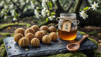 Artisanal Candies and Natural Honey in a Garden Setting Still Life photo