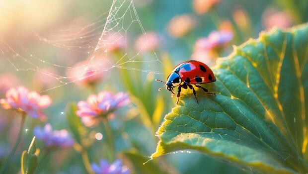 mariquita descansando en un hoja con flores y un telaraña en antecedentes foto