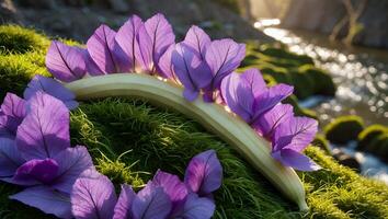 Purple Flowers and Curved Plant Stem on Green Moss by Stream photo