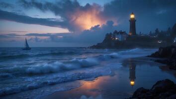 Lighthouse and Ocean Waves at Dusk with a Sailboat photo