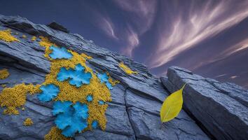 Rock Formation with Yellow Growth and Single Leaf Against Evening Sky photo