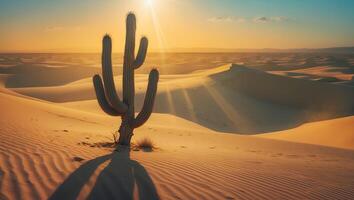 Cactus Stands Tall in Sandy Desert Landscape at Sunny Sunset photo