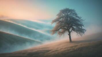 Solitary Tree Stands on Rolling Hills Enveloped in Morning Mist photo