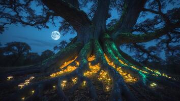 Magical Tree with Glowing Mushrooms and Full Moon at Night photo
