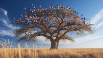 Tree Covered with Colorful Birds on Field Under Blue Sky photo