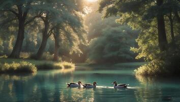 Ducks Swimming on Calm Lake Surrounded by Trees with Sunlight photo