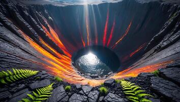 Volcanic Crater with Lava and Water Reflecting Sunlight in Dark Setting photo
