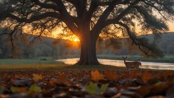 Deer Standing Near Tree at Sunset with Autumn Leaves photo