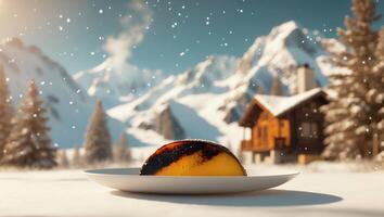 Serving Caramelized Dessert Slice on Plate in Snowy Winter Landscape photo
