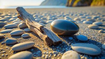 Driftwood and Smooth Stone on Sandy Beach with Warm Light photo