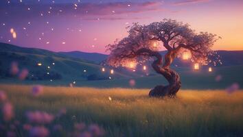 Tree with Lanterns in Field at Twilight Creates Whimsical Scene photo