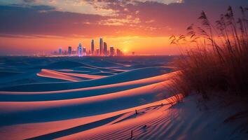 Desert Landscape at Sunset with Distant City Skyline and Grass photo