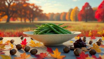 Serving Fresh Green Beans with Autumn Decoration in Scenic Setting photo