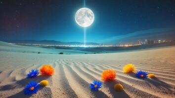 Desert Landscape at Night with Flowers and a Full Moon photo