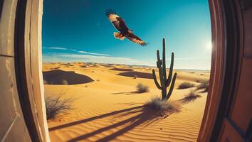 Eagle Flying Over Desert Landscape with Cactus Seen Through Opening photo