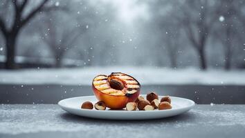 Grilled Peach with Nuts on Plate in Winter Snowing Scene photo