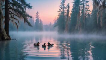 Ducks Swimming on a Foggy Lake at Dawn in a Forest photo