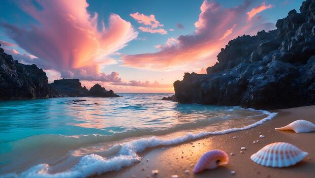 Seashells on Sandy Beach at Sunset with Colorful Clouds and Ocean photo
